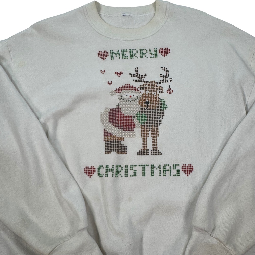 Vintage Merry Christmas Santa Reindeer Puff Print Sweatshirt White XL